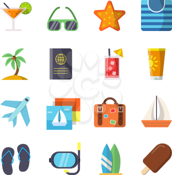 Travel icons set isolate on white. Tourism sign of collection, bag and airplane, journey and trip, vector illustration