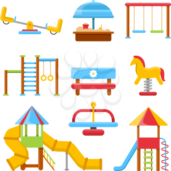 Flat illustrations of kids playground with various equipment. Swing equipment, slide and sandpit, seesaw and bench. Vector illustration