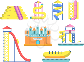 Flat illustrations of water park with various attractions. Cartoon holiday and vacation, playful aquatic attraction vector