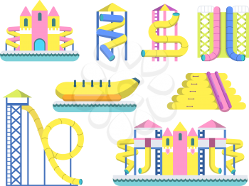 Water park with various slide for childrens. Pictures of kids playground on pool. Water slide entertainment, outdoor aquapark, aqua pool swimming. Vector illustration