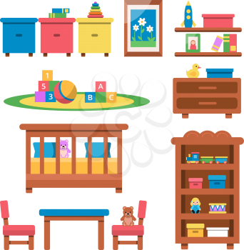Vector flat illustrations of toys and furniture for preschool kids. Play room for preschool, indoor interior