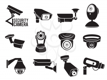Monochrome vector illustrations of security video cameras. Cctv system private, control monitoring illustration