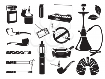 Monochrome pictures of hookah, tobacco leaves, cigars cigarettes and other tools for smokers. Vector addiction nicotine, smoke pipe and cigar illustration