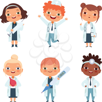Doctor profession. Childrens in different poses. Cartoon doctors and nurse kids, vector illustration