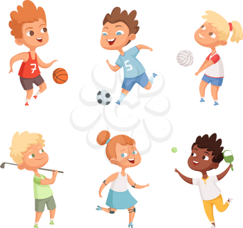 Children outdoors in action sports activity. Sport basketball and soccer, vector illustration