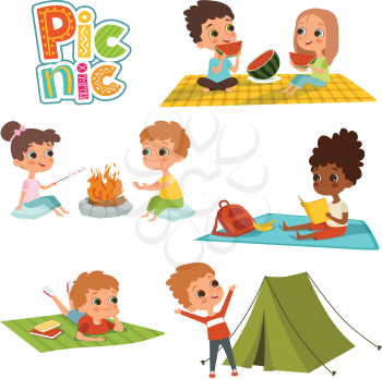 Various pictures of kids male and female have a rest on picnic. Summer lunch, camp and fire. Vector illustration