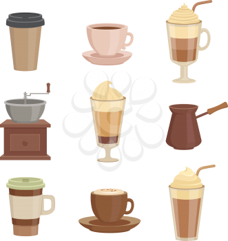 Various sorts of coffee. Cups in cartoon style. Hot drink espresso, cappuccino beverage, vector illustration