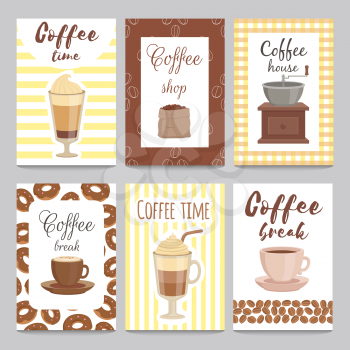 Design template of vintage cards for coffee shop. Cafe brochure, drink menu banner, vector illustration