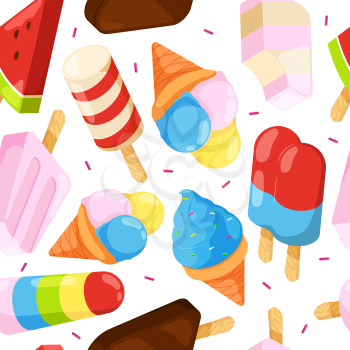 Ice cream seamless pattern. Colored cartoon pictures of ice cream. Vector food summer, sweet dessert ice cream illustration