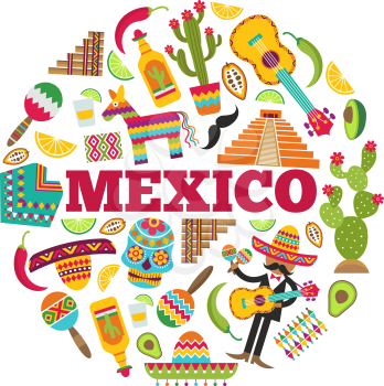 Mexican symbols. Circle shape with various colored pictures of mexican icons. Mexican colorful, cactus and skull, sombrero and guitar, vector illustration