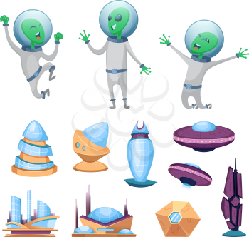 Space futuristic buildings and ufo ships. Various characters of aliens. Humanoid alien, modern building and shuttle ufo illustration