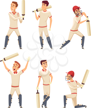 Cricket characters. Set of various sport players in action poses. Player sport man, character sportsman cricketer. Vector illustration