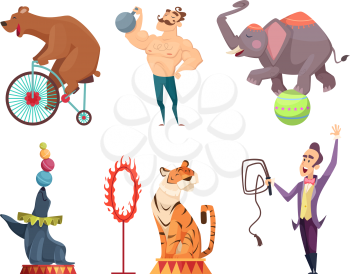 Circus mascots. Clouns, performers, juggler and other characters of circus. Strongman performance, elephant and bear. Vector illustration