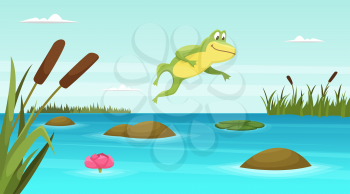 Frog jumping in pond. Vector cartoon background. Illustration of toad amphibian