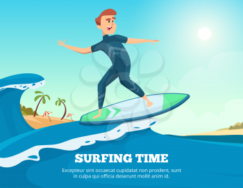 Surfer swimming. Dynamic illustration of surfer on the surfboard. Surf wave sea, summer dynamic leisure vector