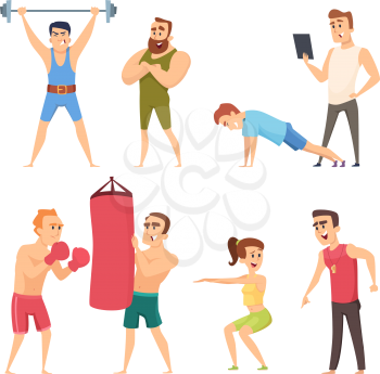 Personal trainer in gym. Vector set characters. Gym workout, trainer fitness and instructor illustration