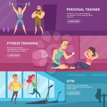 Gym banners. Advertising pictures for gym. Poster fitness trainer, workout sport, healthy training. Vector illustration