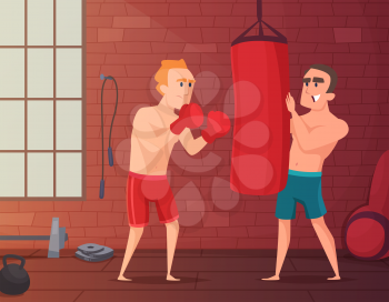Boxer training. Male hits to punching bag at the gym. Cartoon sport characters boxing, boxer male training. Vector illustration