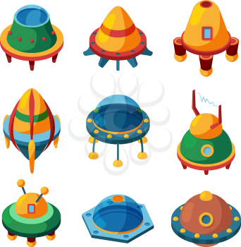 Ufo and spaceships. Isometric vector pictures. Spaceship ufo, science spacecraft, ship rocket saucer illustration