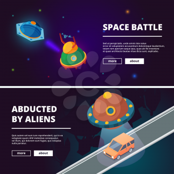 Spaceships cartoon. Vector isometric pictures isolate. Spaceship alien, ufo ship, invasion banner illustration