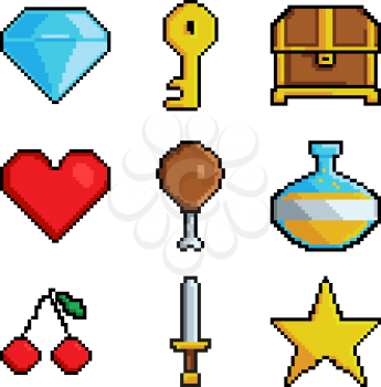 Pixel graphic game objects. 8 bit style pictures for various games. Vector sword and chest, cherry and potion illustration