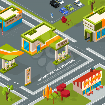 Fuel station in urban landscape. Vector isometric pictures gas station building illustration