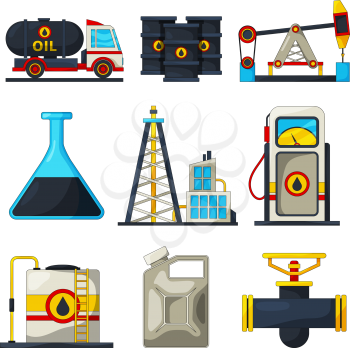 Fuel and gas industry. Vector icon set of petroleum and gas. Petroleum industry, refinery industrial production illustration