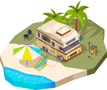 Camping car at the sea. Vector isometric composition. Travel sea, trip and tourism, summer caravan trailer illustration