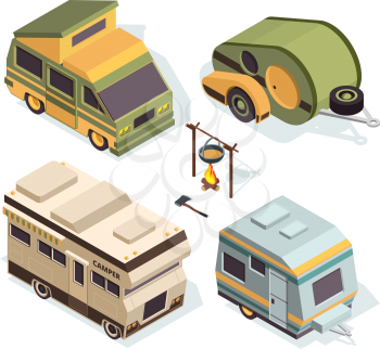Isometric camping cars. Vector pictures isolate on white. Illustration of camper transportation truck, motorhome auto