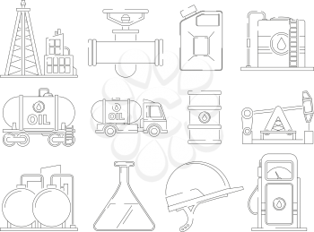 Linear icon set for petroleum industry. Oil fuel, linear power industrial production, vector illustration