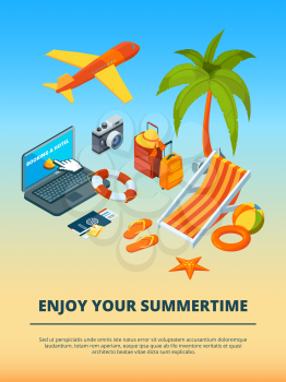 Travel background. Summer time various objects. Summer travel and holiday, vacation tourism, vector illustration
