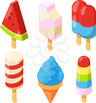 Isometric icecream pictures. Vector ice-cream sweet, sundae flavor dairy dessert illustration