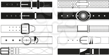 Leather belt monochrome pictures. Leather belt accessory, waistband black white. Vector illustration
