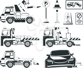 Evacuator cars. Monochrome pictures isolated. Evacuation transportation car, transport automobile for evacuating. Vector illustration