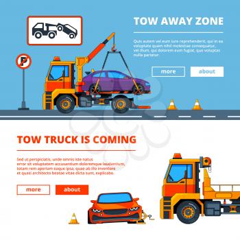 Car accident in town. Illustrations of car evacuation. Vector evacuate auto vehicle, car truck transport