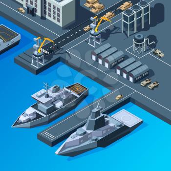 Warships on the pier. American navy isometric pictures set. Navy transport, military vessel. Vector illustration