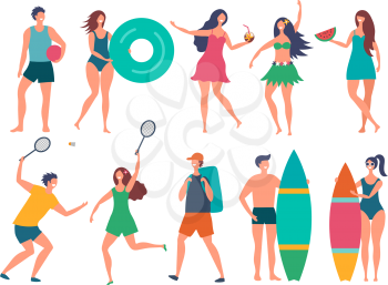 Groups of summer peoples. Vector stylized characters isolate. Illustration of young woman and man. Group sport people with surfboard