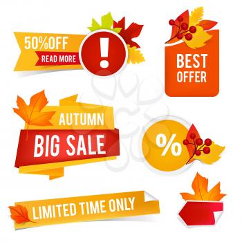 Autumn offer sales. Vector badges and stickers for advertizing. Autumn badge with leaf, offer discount illustration