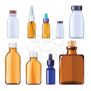 Glass medical bottles. Isolated glass containers and bottles for medical pills and liquid drugs. Vector medicine container pharmacy, medical bottle, plastic glass for drug illustration