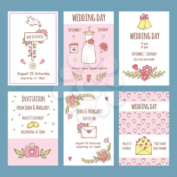 Wedding day invitations. Various cards for wedding day invitation. Vector invitation wedding card illustration