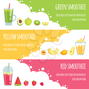 Summer smoothie. Horizontal banners of various smoothie drinks. Vector smoothie fresh fruit drink, juice cocktail banner illustration