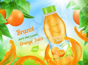 Juice advertizing poster. Realistic illustration of juice fruits plastic bottle in splashes. Fruit bottle juice, healthy splash beverage vector