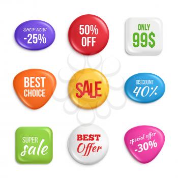 Sale badges. Labels of best offers and sales. Price label badge, only promo, super sale. Vector illustration