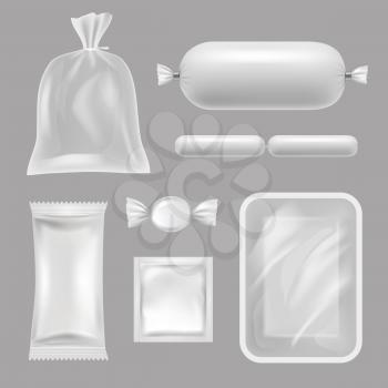 Empty food packages. Vector realistic pictures of polyethylene packages. Illustration of polyethylene realistic for food, container for candy and condom