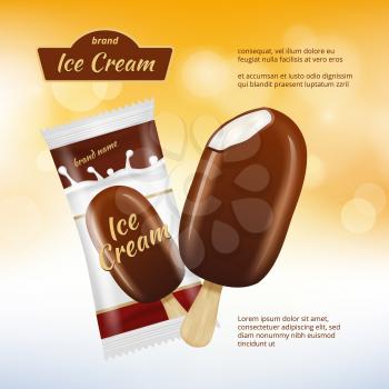 Chocolate ice cream poster design. Realistic pictures of chocolate advertising with food package. Vector icecream with chocolate dessert illustration