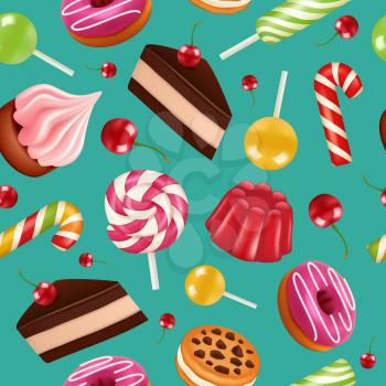 Sweets seamless pattern. Candy cupcake holiday lollipops and cream cake with cherry fruits vector colorful pattern. Illustration of cake and lollipop, dessert pattern