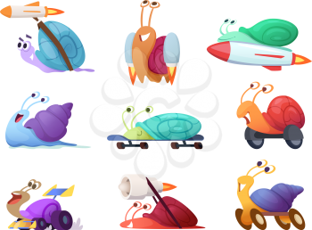 Fast cartoon snails. Business concept characters of competitive quick cute slug vector race mascots in action poses. Illustration of snail fast and speed, slow animal funny