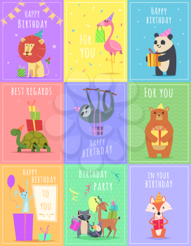 Birthday cards with animals. Wildlife zebra turtle lion and monkey characters at gift celebration colored vector cards. Illustration of birthday card with monkey and lion