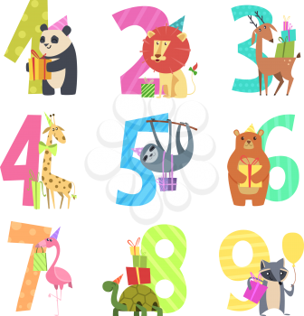 Birtday numbers animals. Party fun invitation for kids celebration characters animals of wildlife zoo vector cartoon mascots. Illutration of birthday numbers with lion and panda, turtle and raccoon