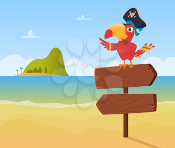 Pirate parrot. Funny colored bird arara sitting on wood sign direction vector background illustration in cartoon style. Colored pirate parrot, mascot character piracy